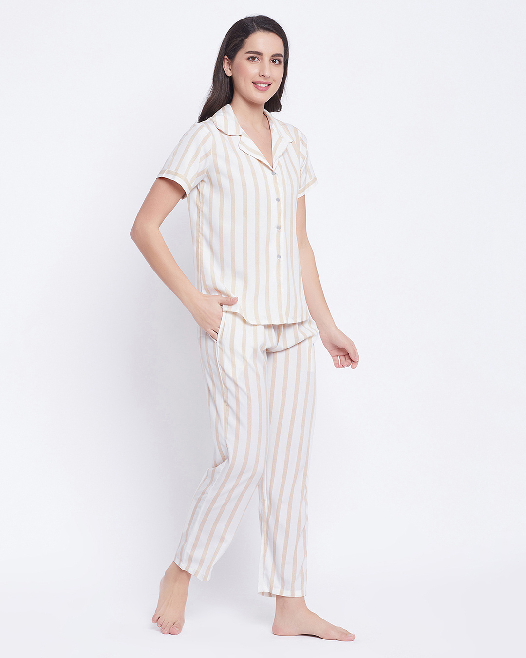 Shop Women's White & Beige Striped Nightsuit-Back