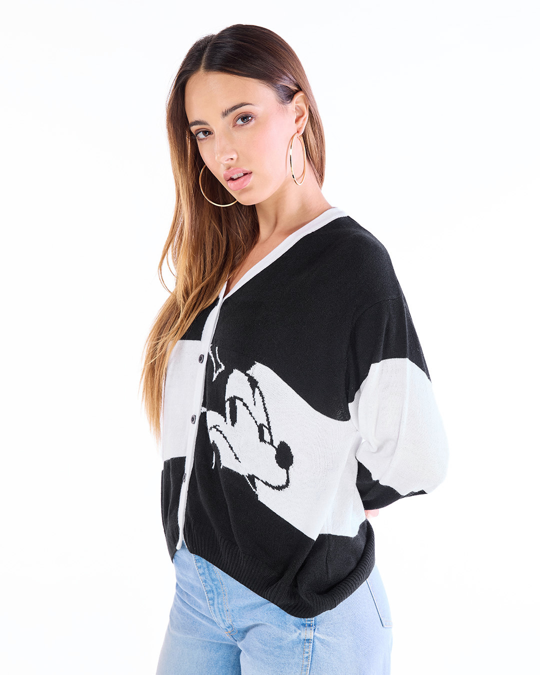 Shop Women's White & Black Mickey Color Block Oversized Sweater-Back