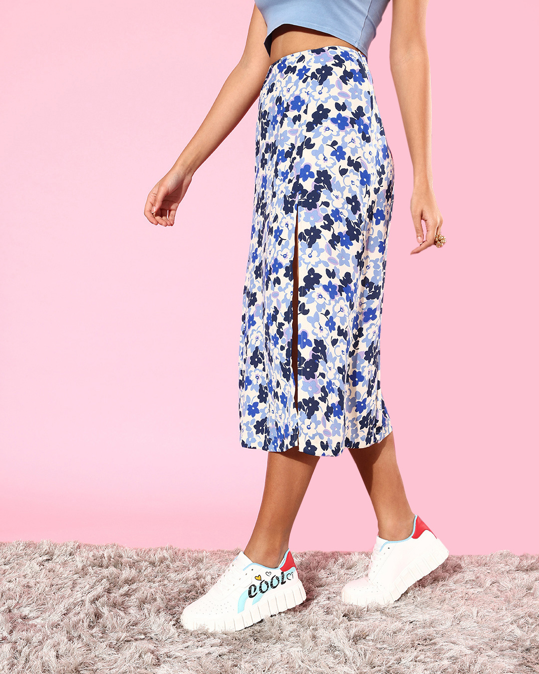Shop Women's White & Blue All Over Floral Printed Slit Midi Skirts-Back