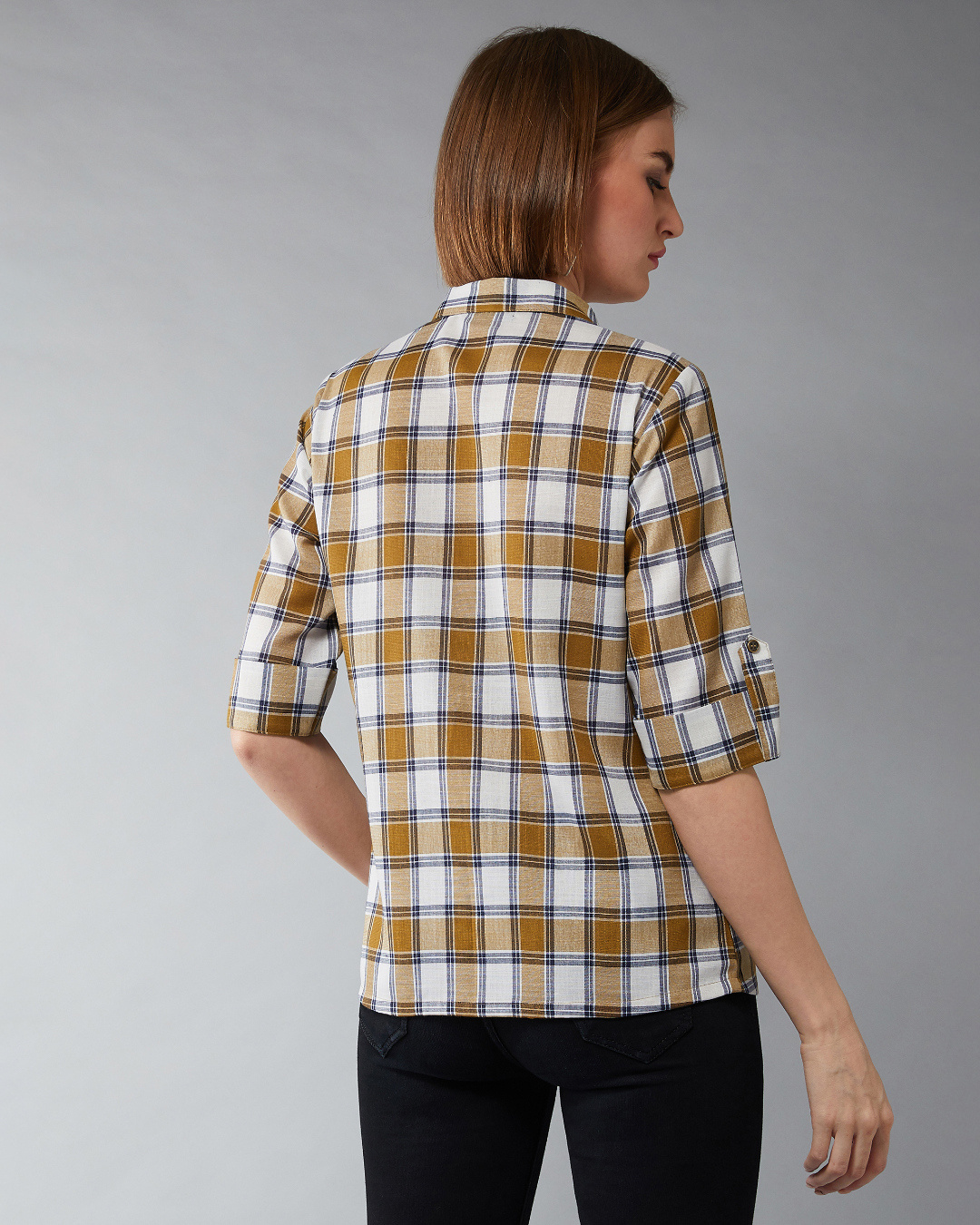Shop Women's White & Brown Checkered Cuff Sleeve Shirt-Back