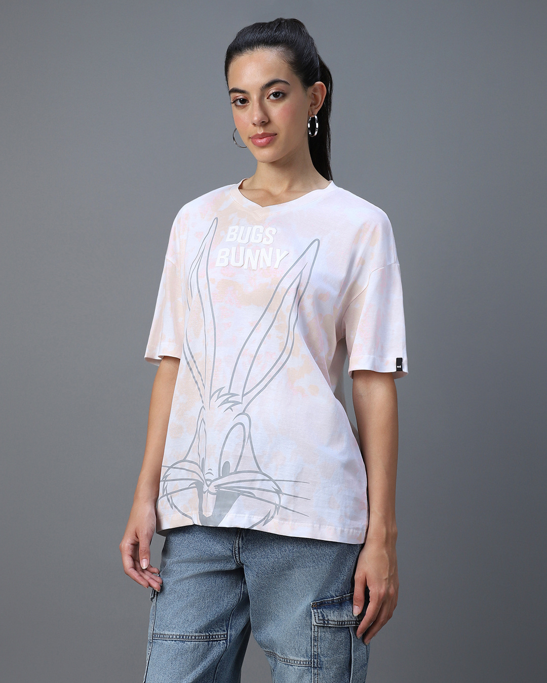 Shop Women's White & Beige Bunny Graphic Printed Oversized T-shirt-Back