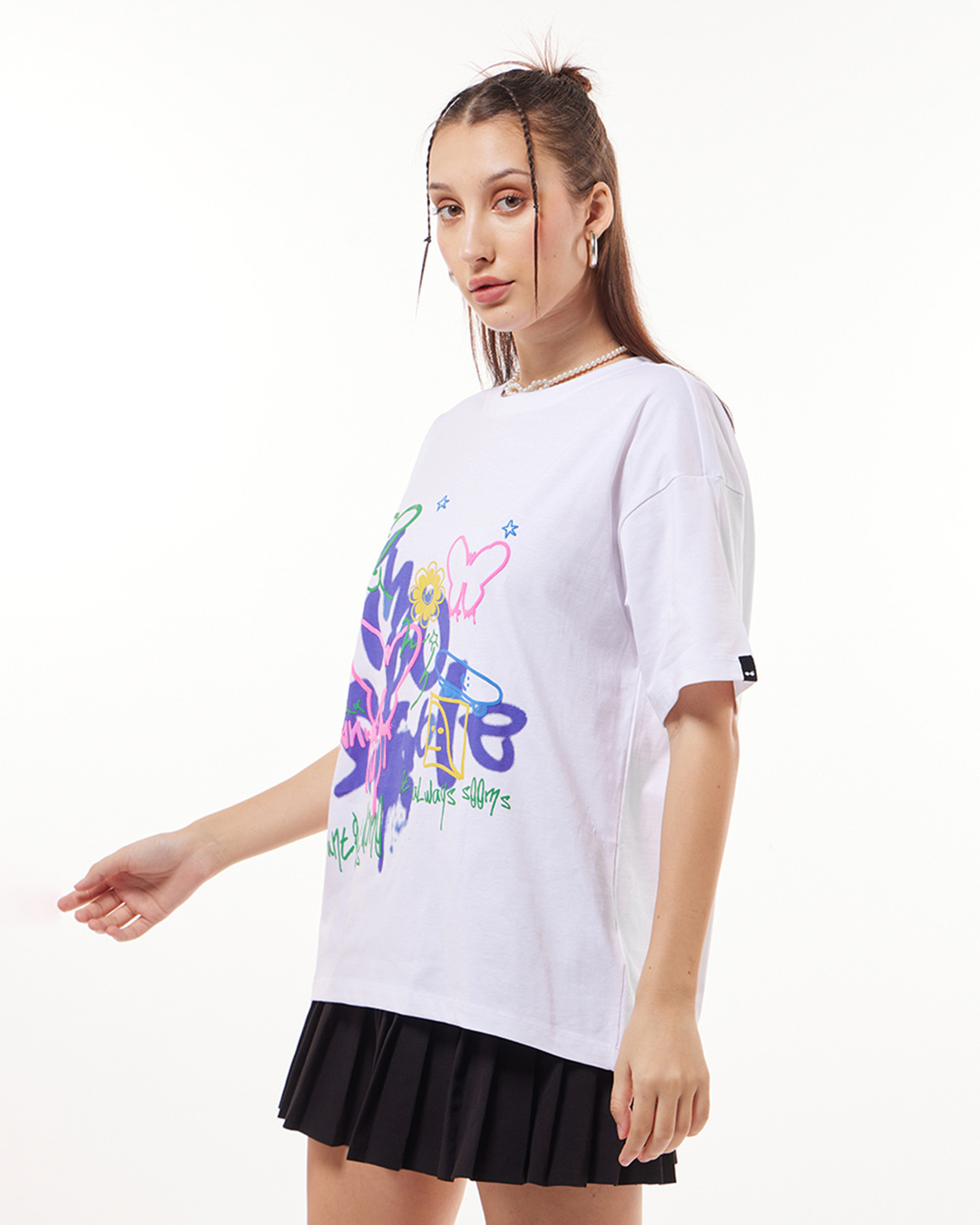 Shop Women's White Butterflies Colorful Graphic Printed Oversized T-shirt-Back