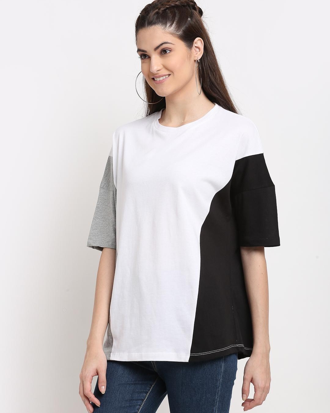 Shop Women's White Color Block Oversized T-shirt-Back