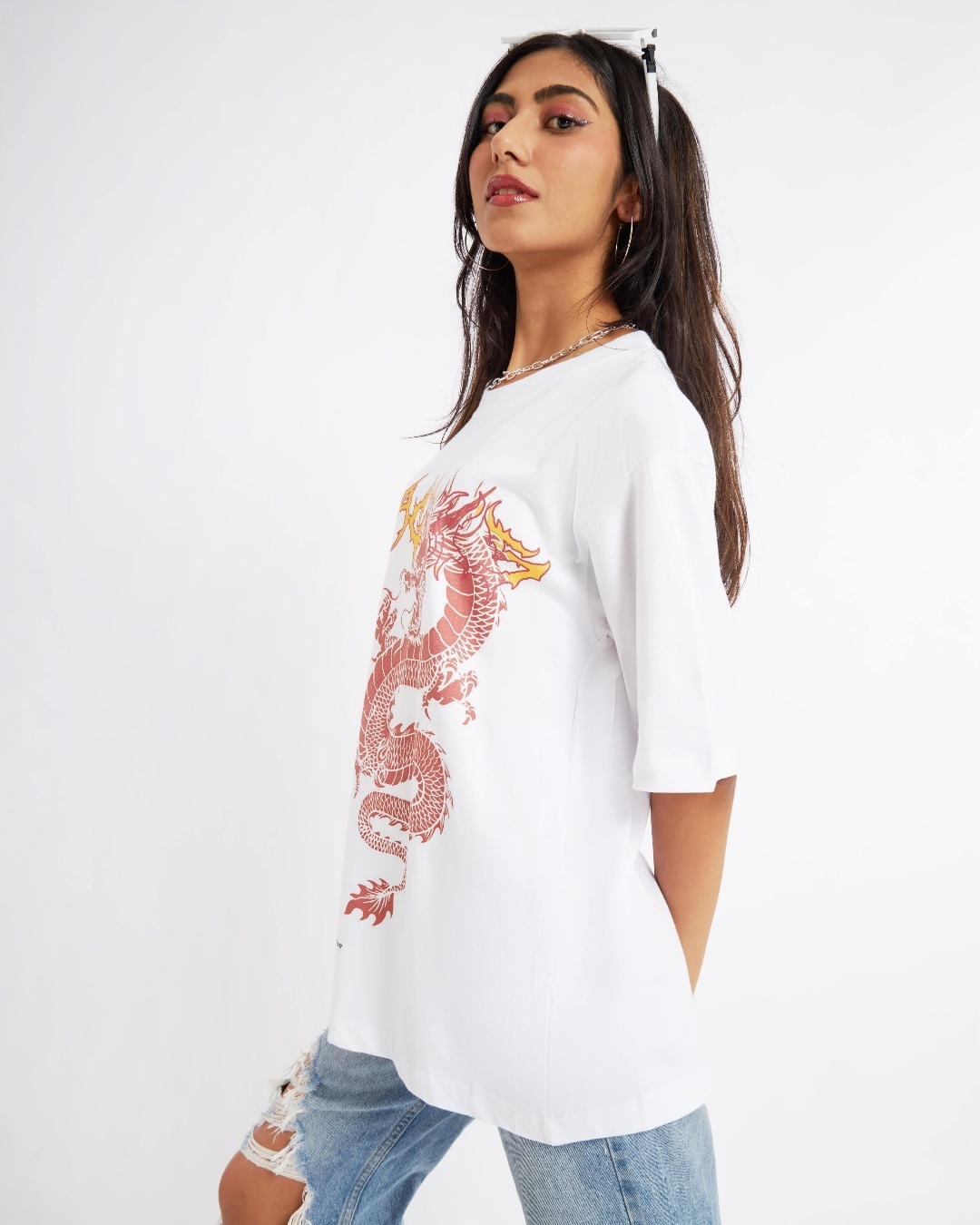 Shop Women's White Dragons are Real Graphic Printed Oversized T-shirt-Back