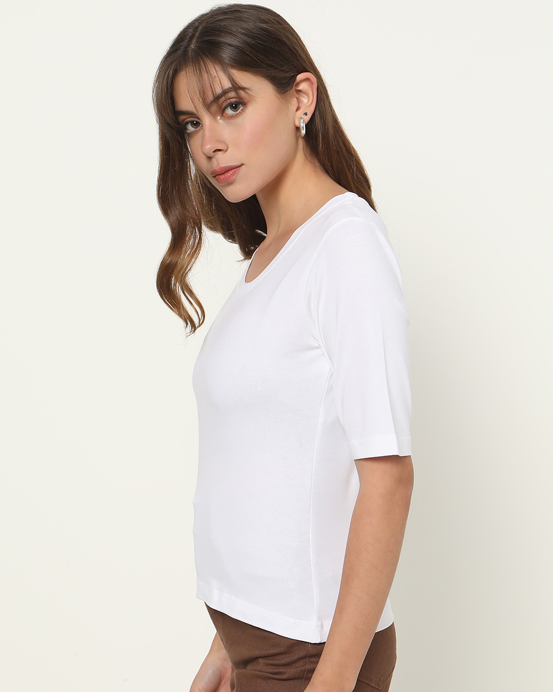 Shop Women's White Elbow Sleeve Scoop Neck T-shirt-Back