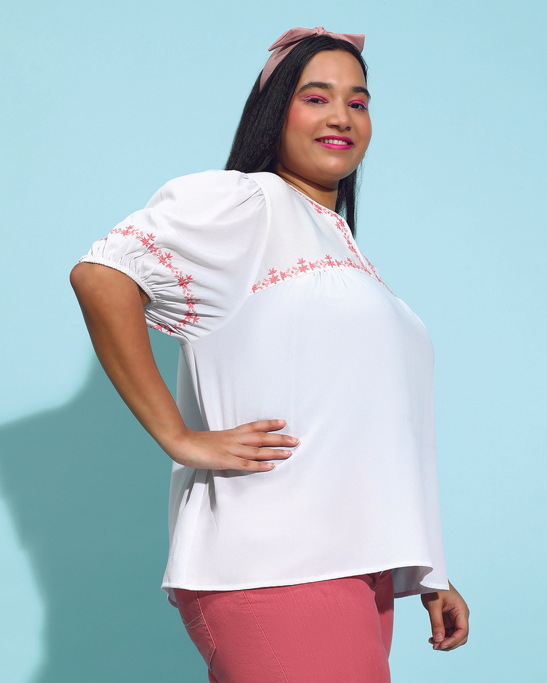 Shop Women's White Embroidered Plus Size Top-Back