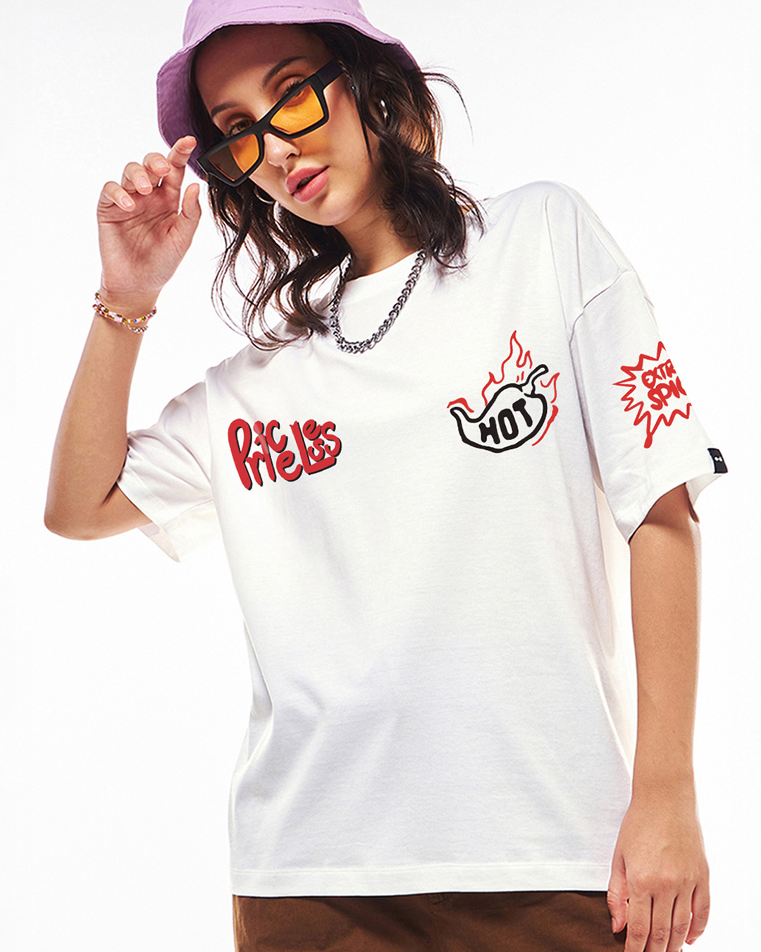 Shop Women's White Flame Graphic Printed Oversized T-shirt-Back