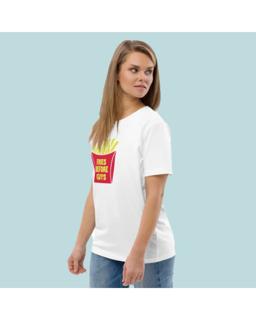 Shop Women's White Fries Before Guys Graphic Printed T-shirt-Back