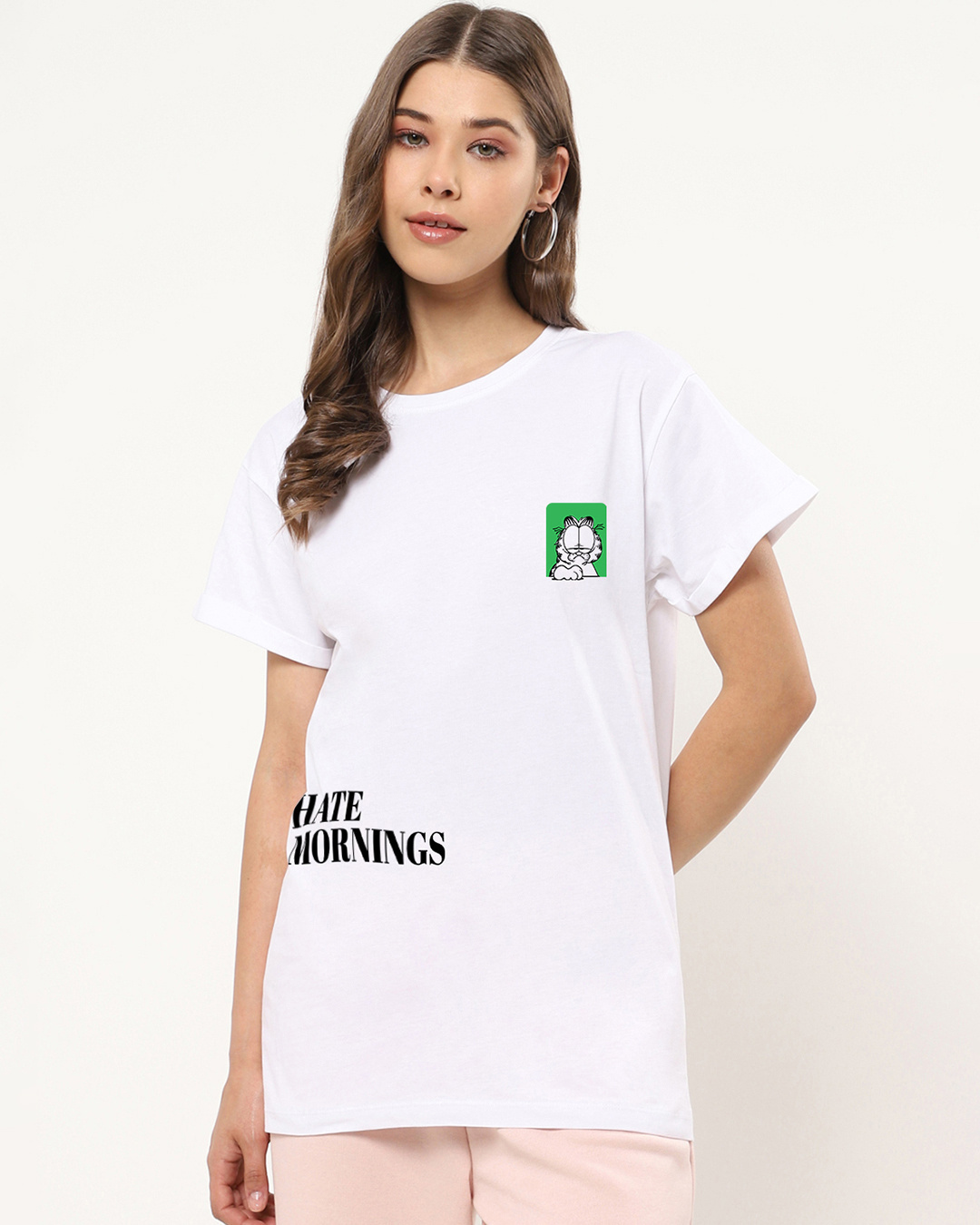 Shop Women's White Garfield Hates Mornings Graphic Printed Boyfriend T-shirt-Back