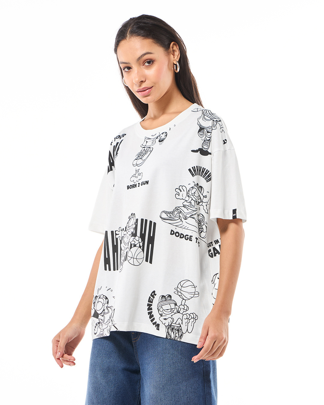 Shop Women's White Garfield League Graphic Printed Oversized T-shirt-Back