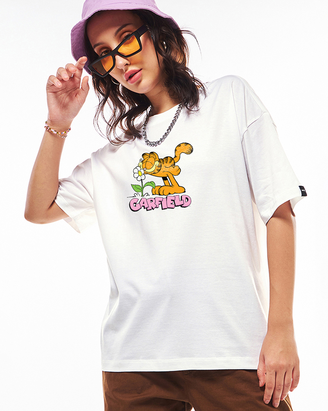 Shop Women's White Garfields Flowers Graphic Printed Oversized T-shirt-Back