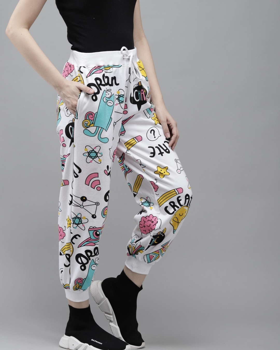 Shop Women's White Graphic Printed Joggers-Back