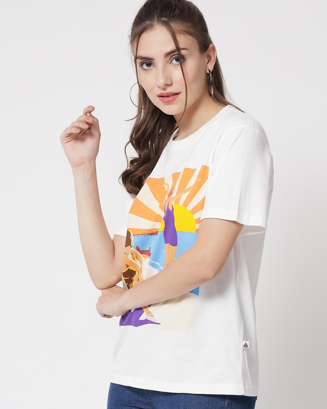 Shop Women's White Graphic Printed Loose Fit T-shirt-Back