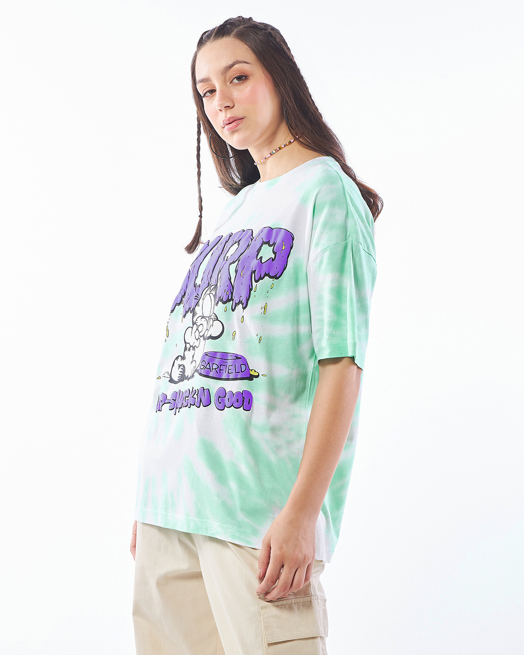 Shop Women's White & Green Burp Tie & Dye Oversized T-shirt-Back