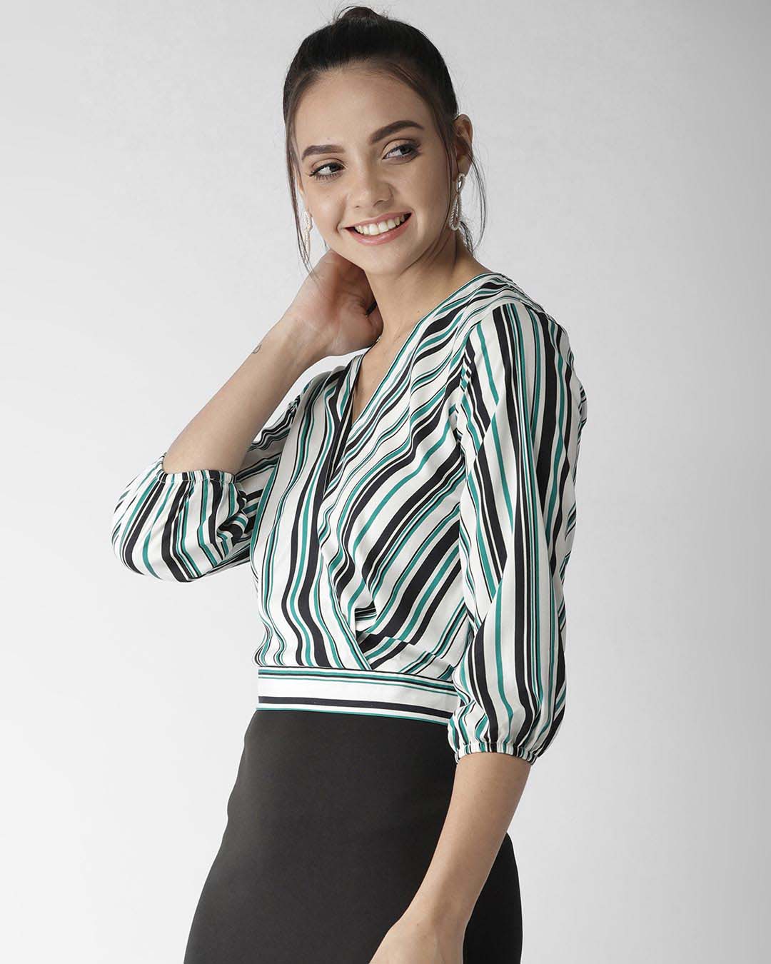Shop Women's White & Green Striped Crop Wrap Top-Back