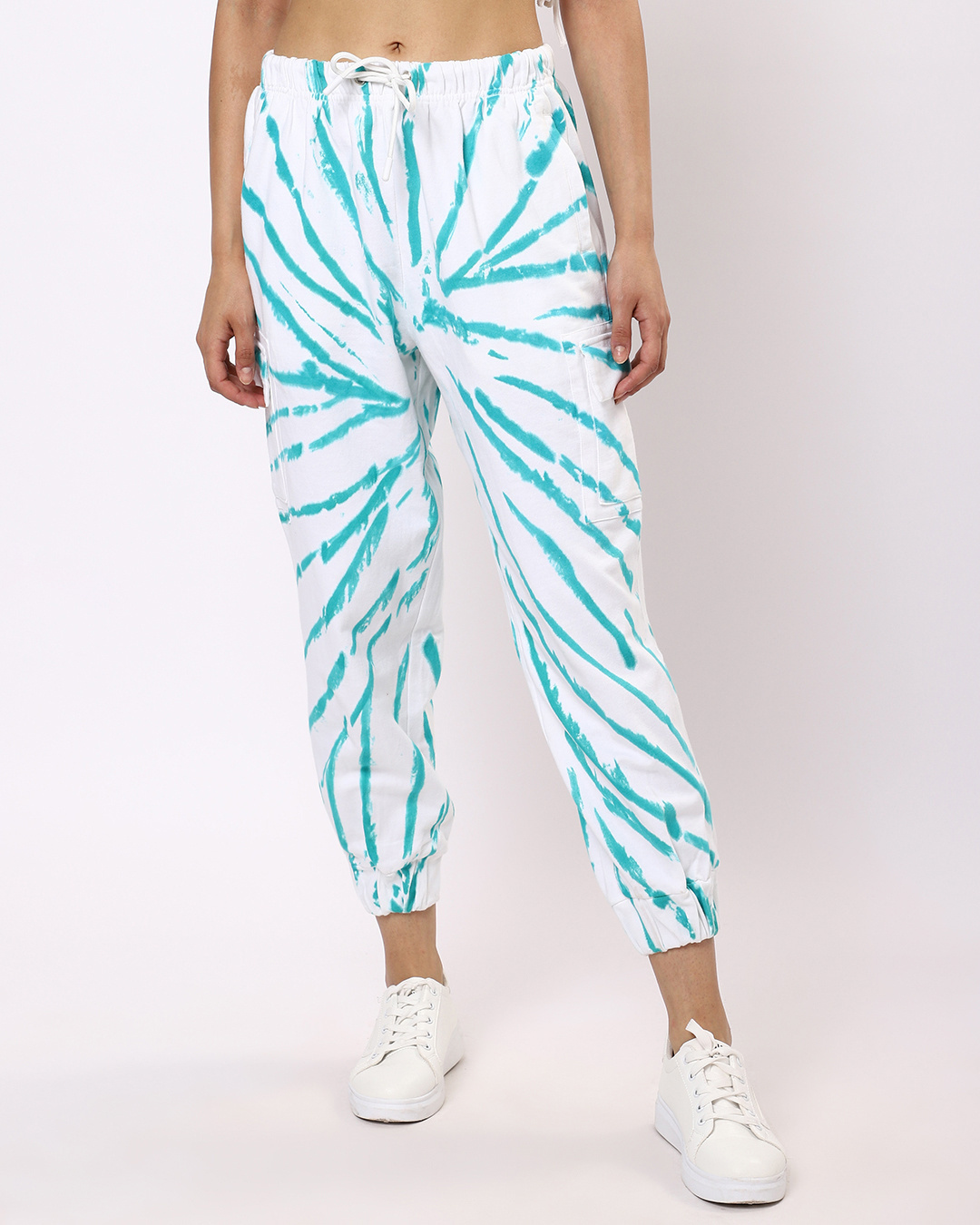 Shop Women's White & Green Tie N Dye Joggers-Back