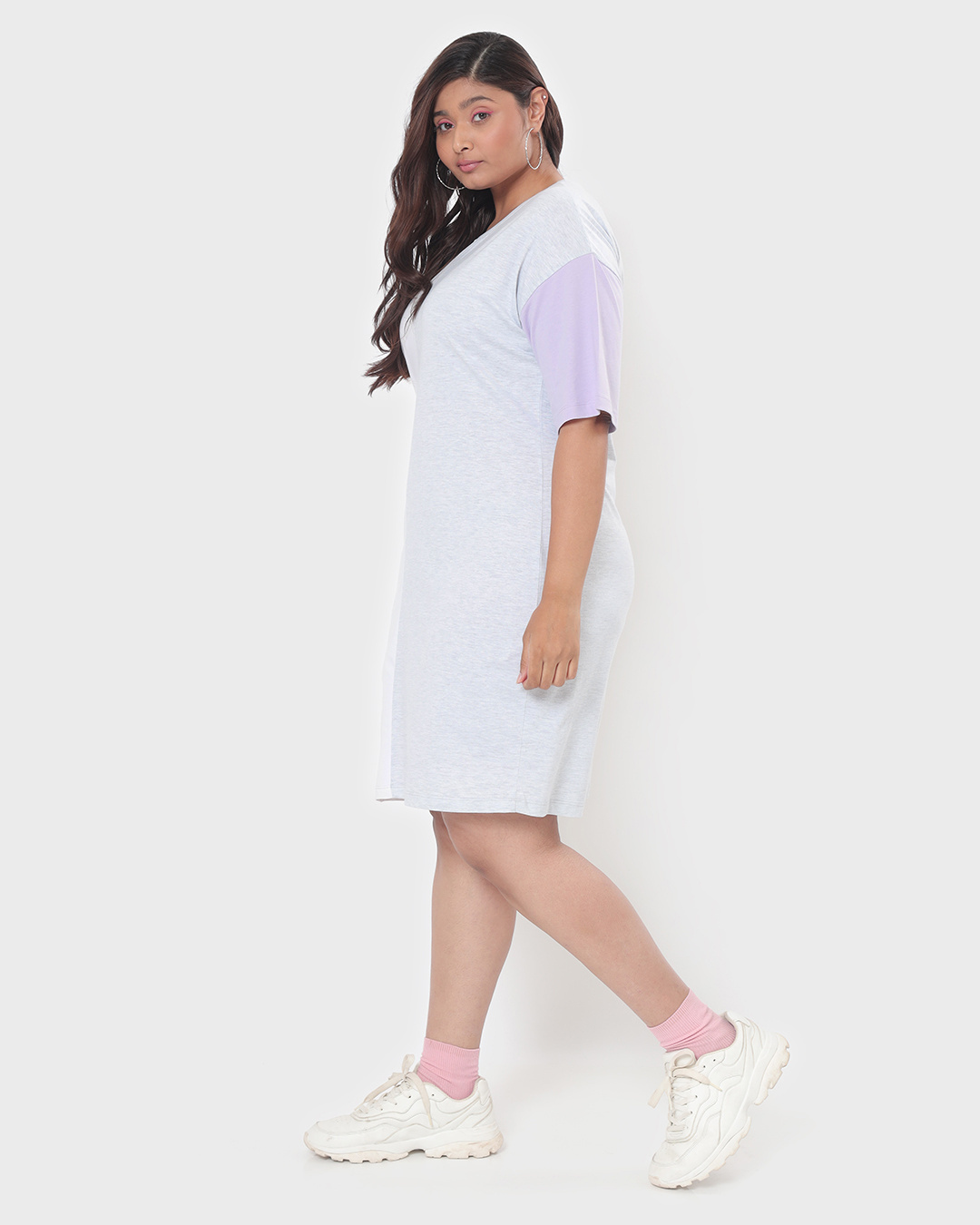 Shop Women's White-Grey Melange Color Block Plus Size Relaxed Fit Dress-Back