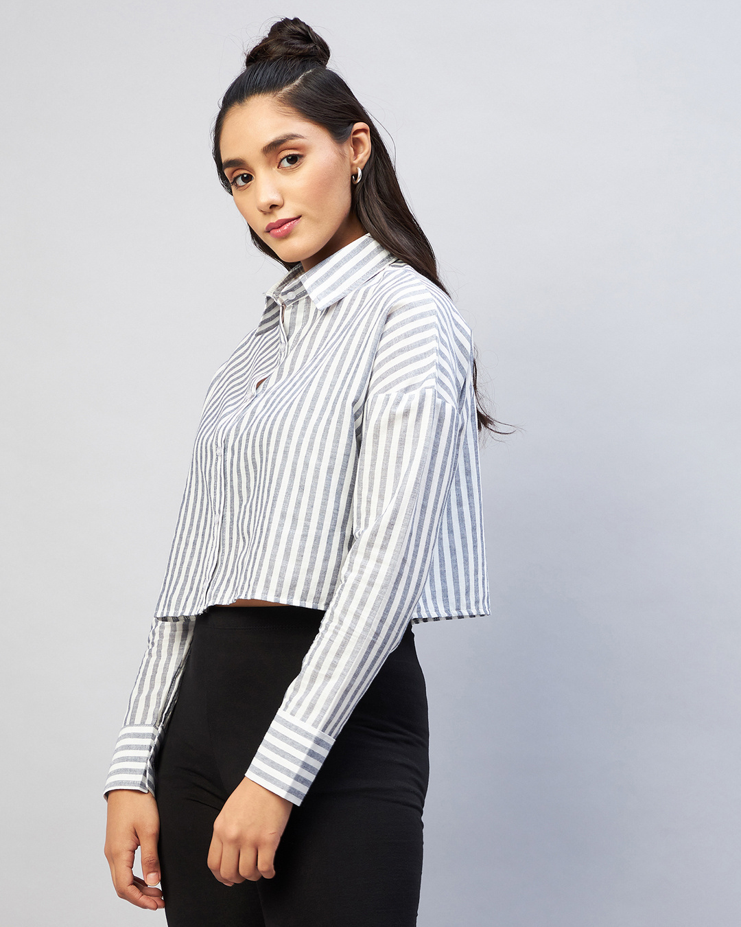 Shop Women's White & Grey Striped Oversized Crop Shirt-Back