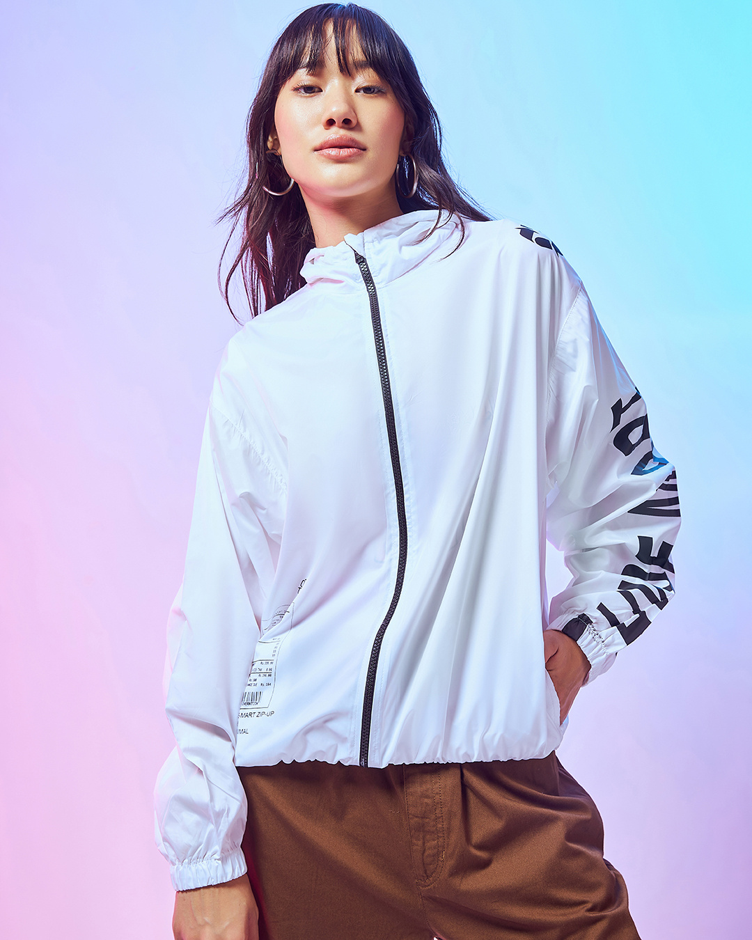 Shop Women's White Hype Mart Graphic Printed Oversized Plus Size Windcheater Jacket-Back