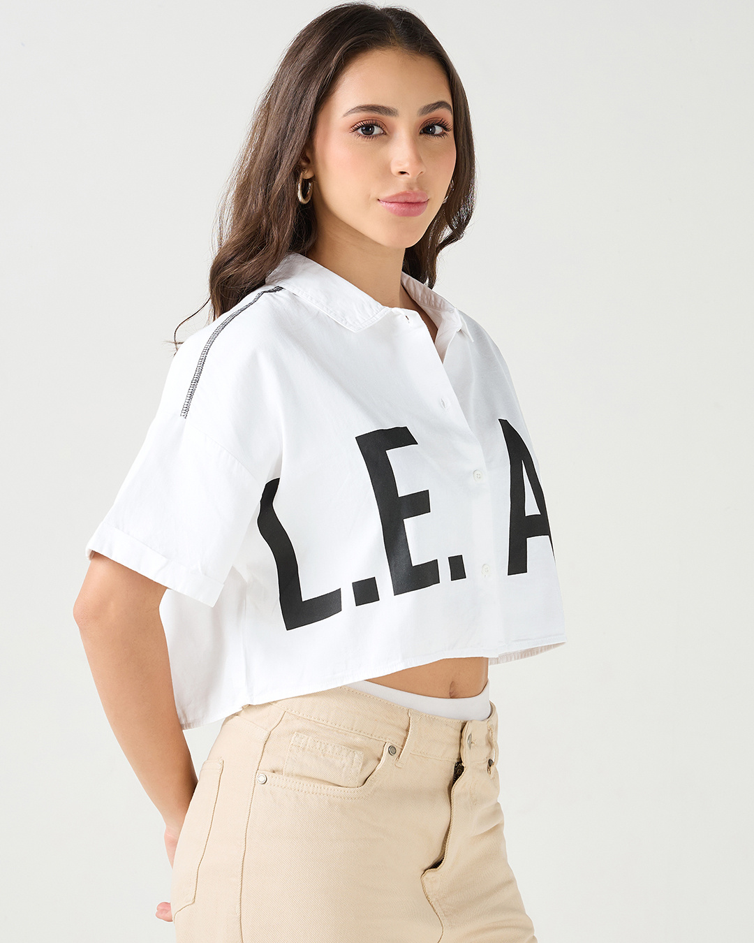 Shop Women's White Lead Typography Oversized Crop Shirt-Back