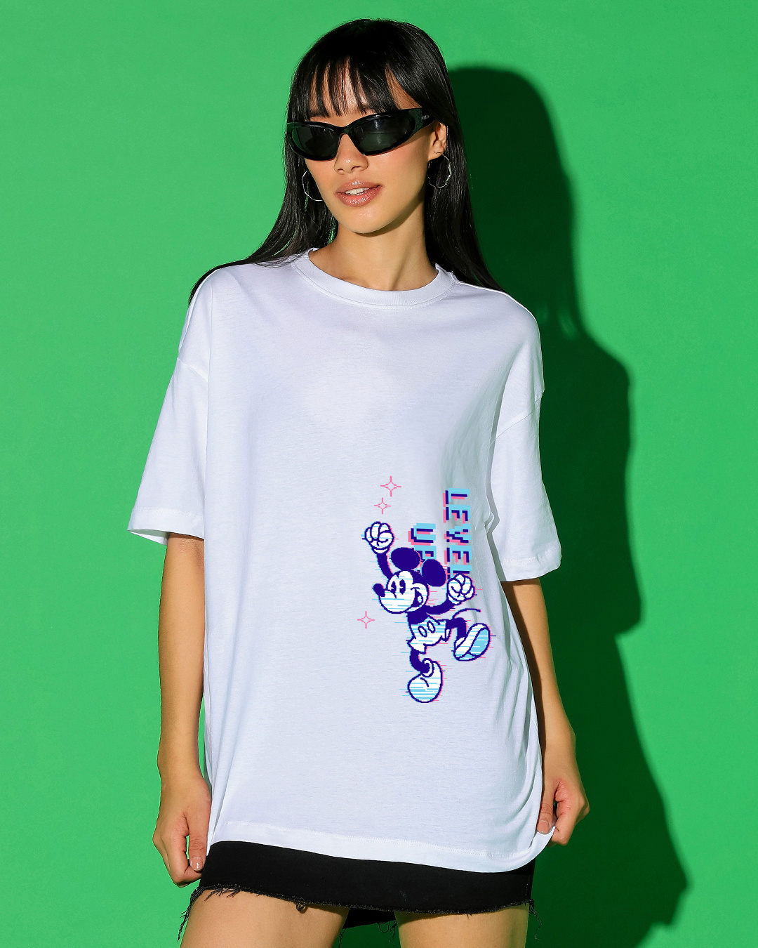 Shop Women's White Level Up Mickey Graphic Printed Oversized T-shirt-Back