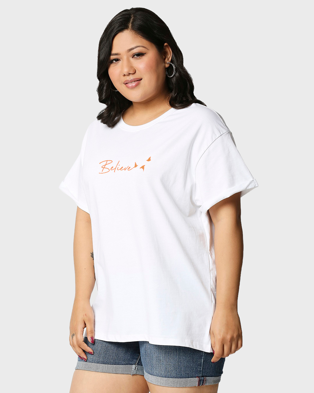 Shop Women's White Minimal Believe Graphic Printed Plus Size Boyfriend T-shirt-Back