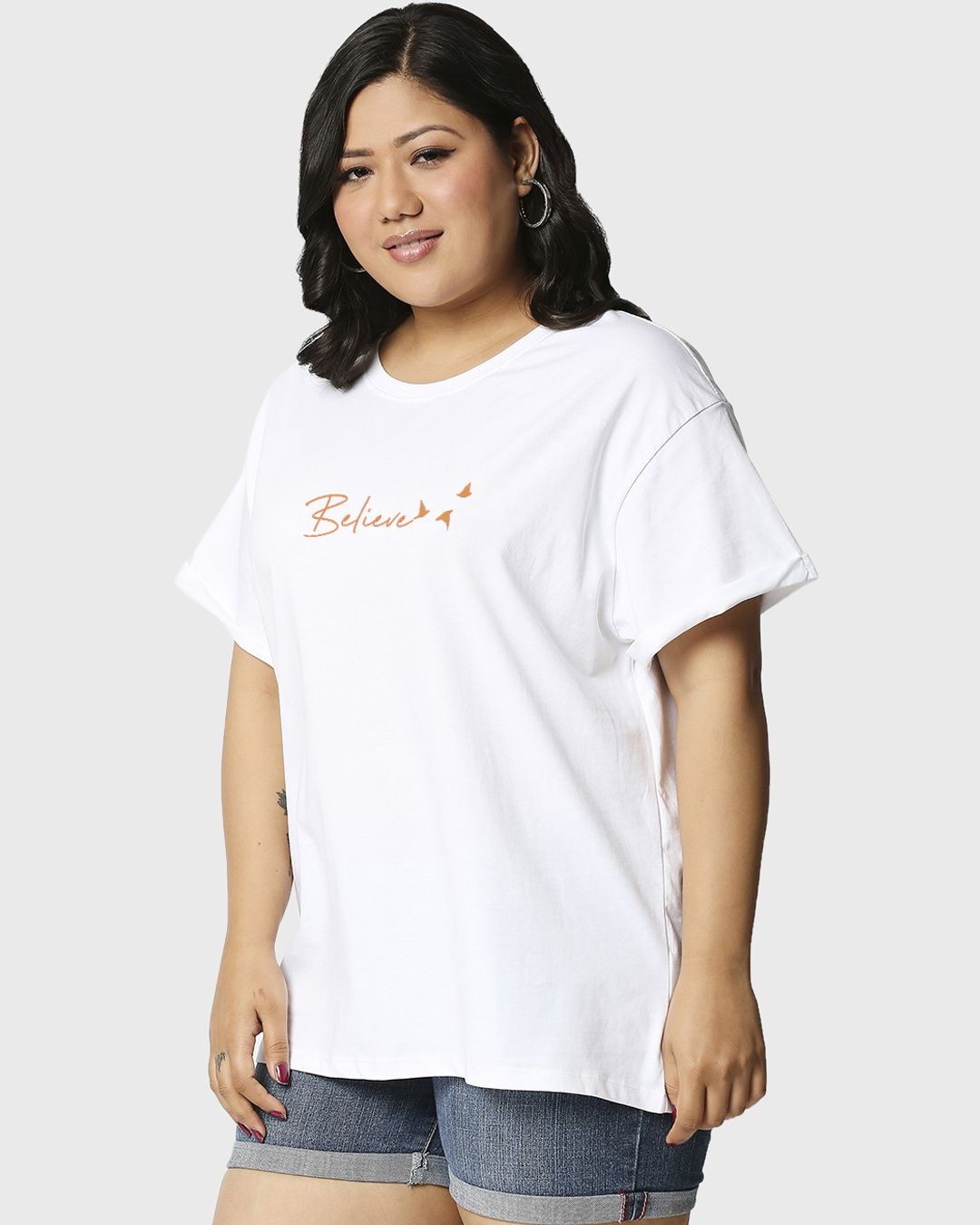 Shop Women's White Minimal Believe Graphic Printed Plus Size Boyfriend T-shirt-Back