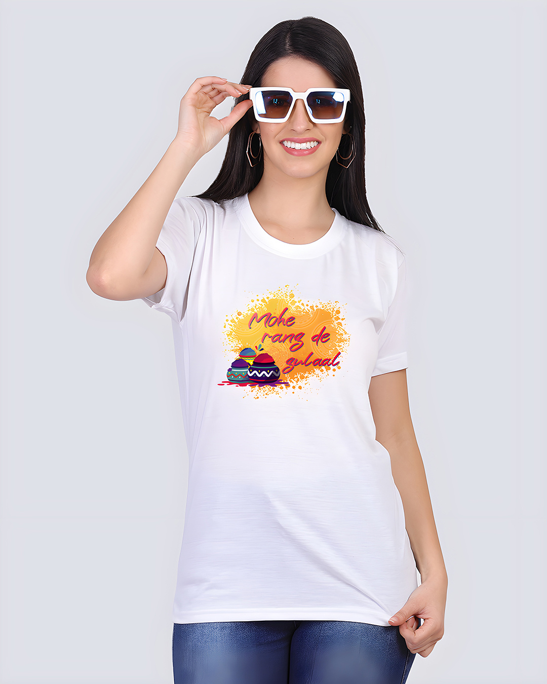 Buy Women's White Mohe Rang De Gulal Cotton T-shirt for Women White ...