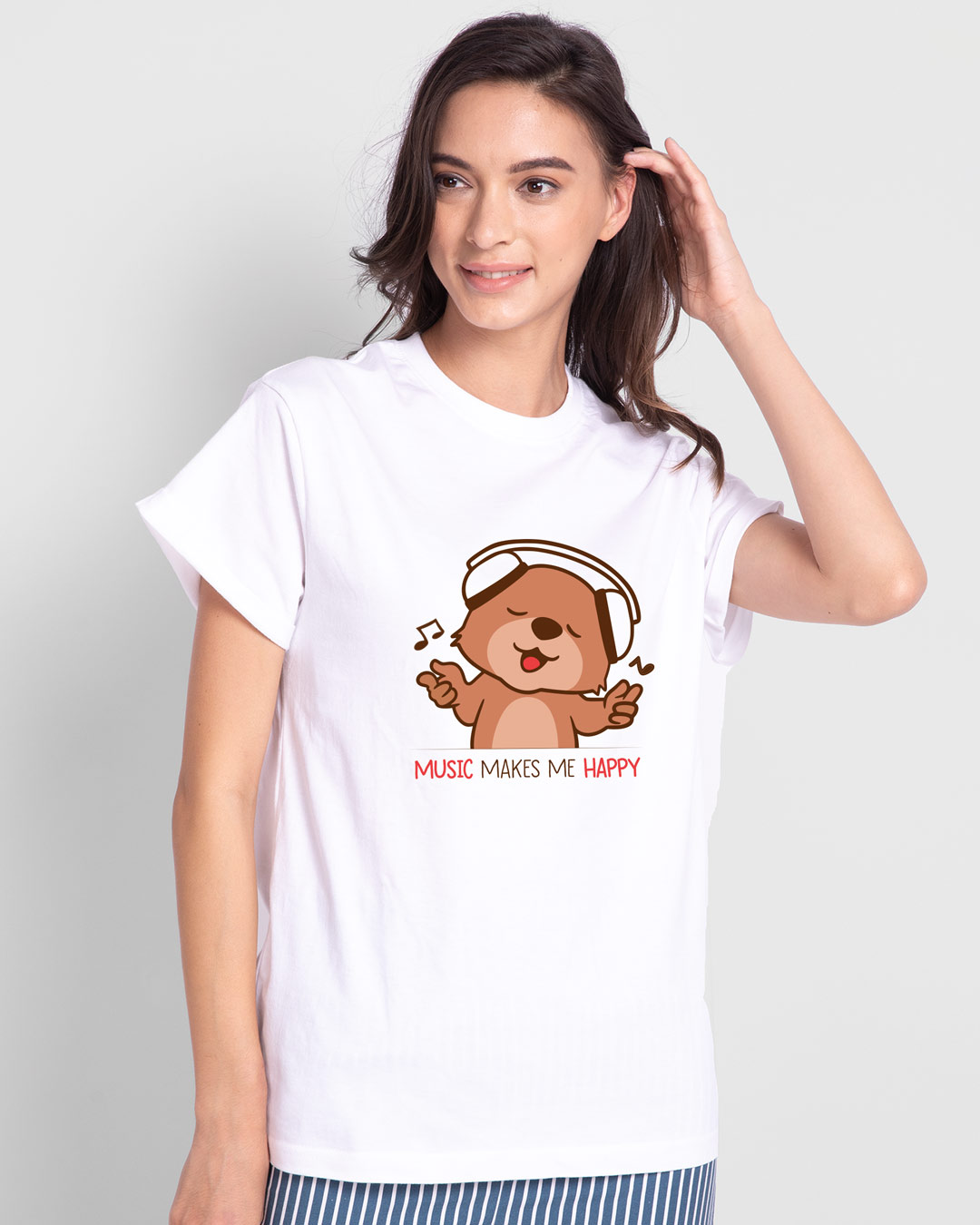 Shop Women's White Music Bear Boyfriend T-shirt-Back