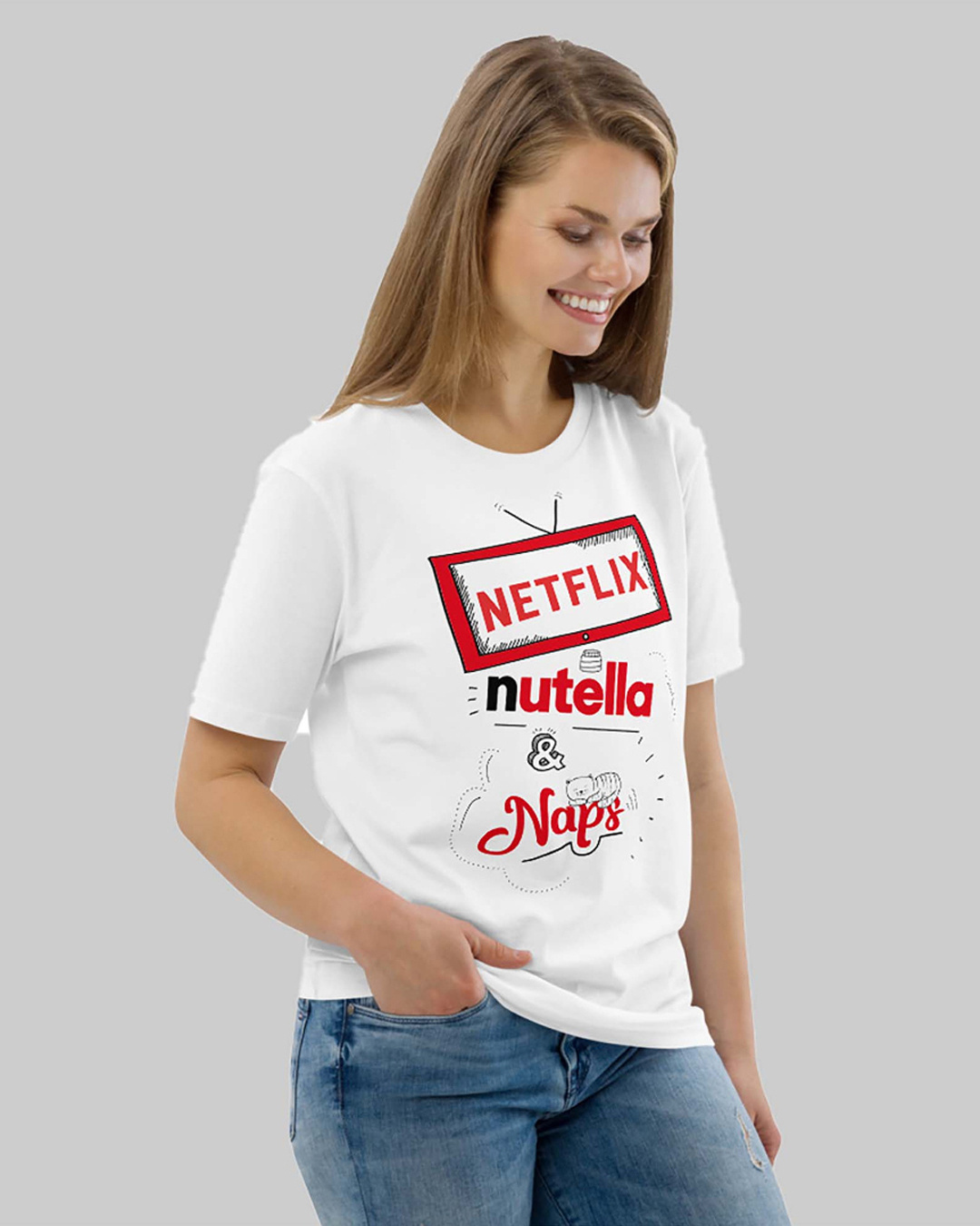 Shop Women's White Netflix, Nutella & Naps Typography Loose Fit T-shirt-Back