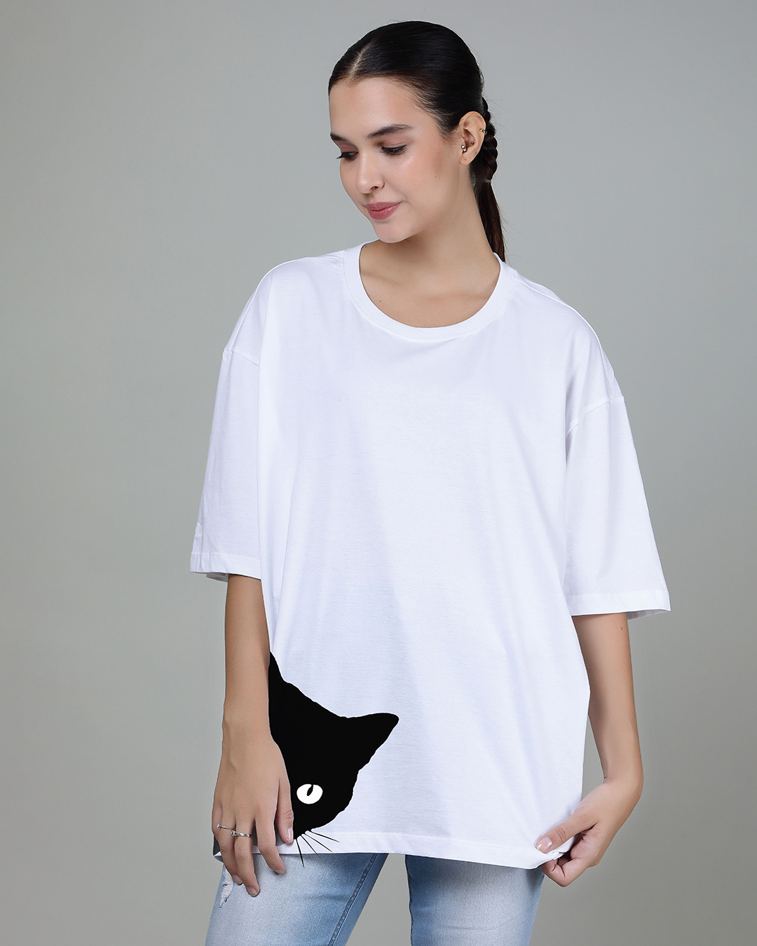 Buy Women's White Peek A Boo Graphic Printed Oversized T-shirt for ...