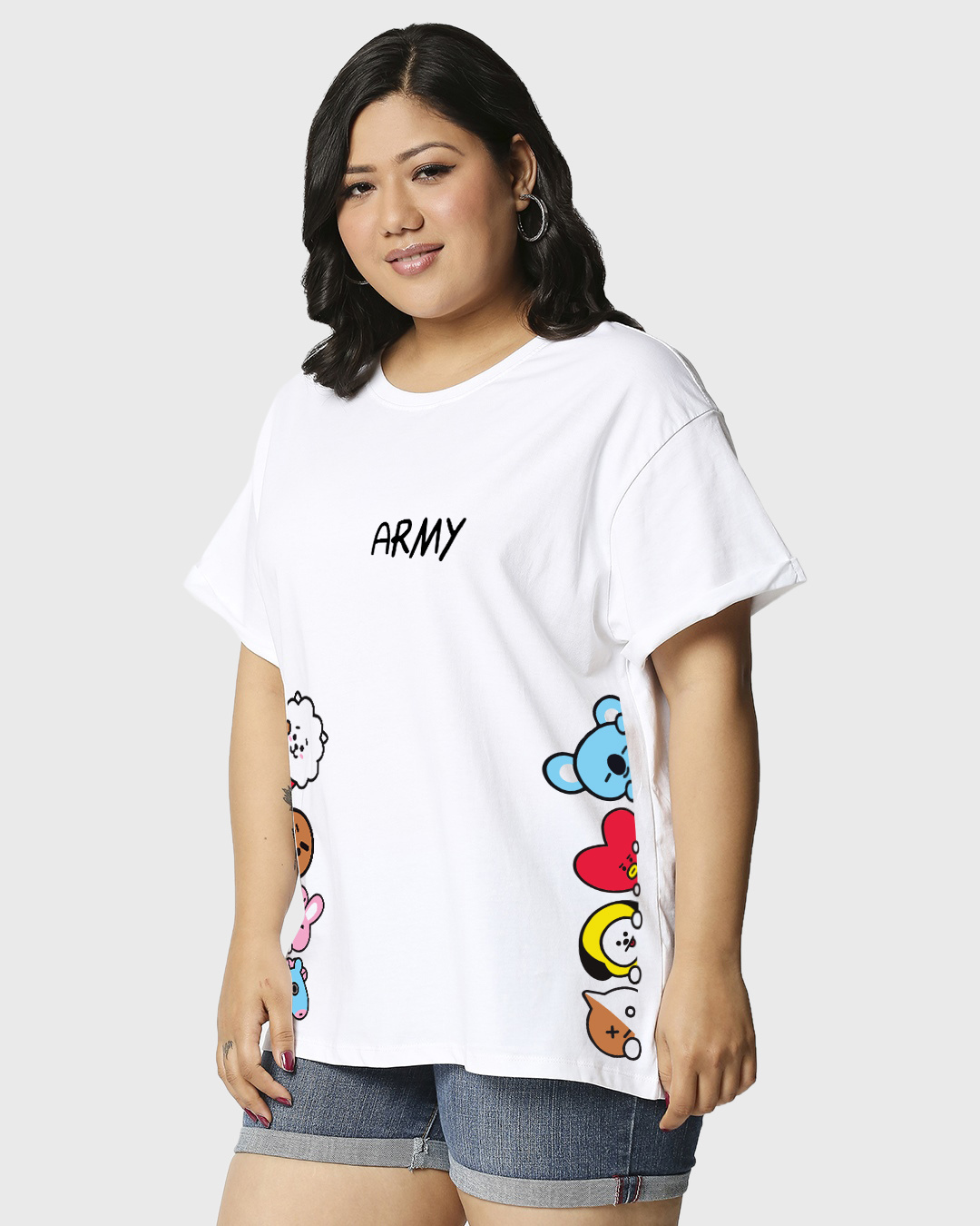 Shop Women's White Peeking Army Graphic Printed Plus Size Boyfriend T-shirt-Back