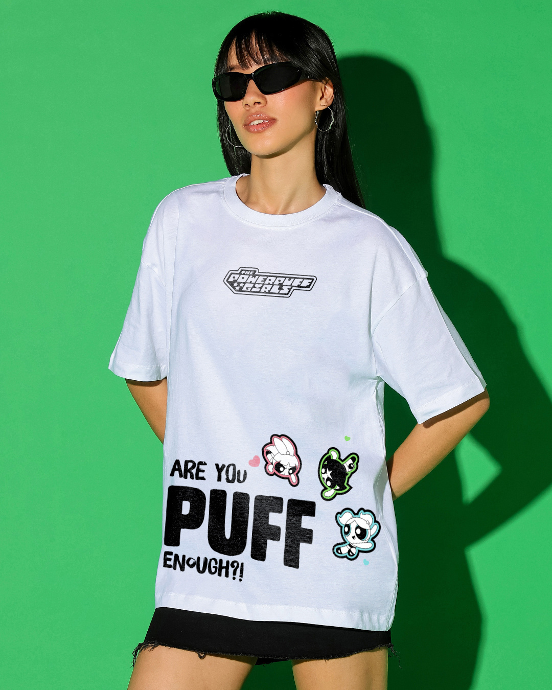Shop Women's White Powerpufff Enough Graphic Printed Oversized T-shirt-Back