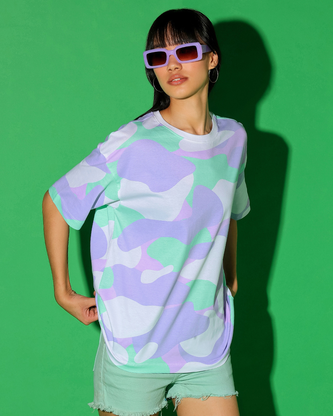 Shop Women's White & Purple Camouflage Printed Oversized Plus Size T-shirt-Back