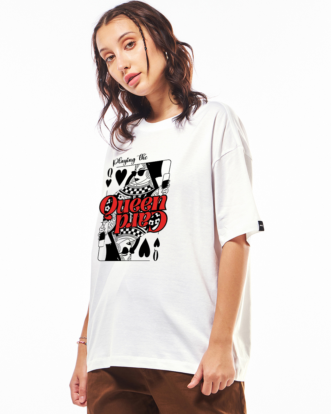 Shop Women's White Queen Card Graphic Printed Oversized T-shirt-Back