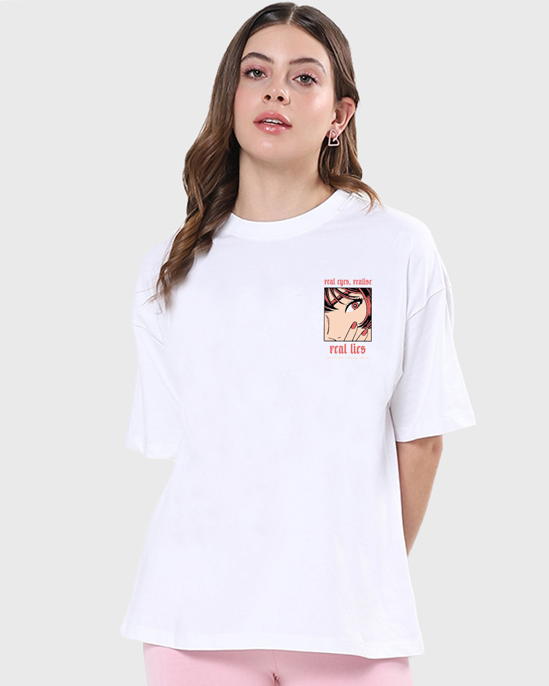Shop Women's White Real Eyes Graphic Printed Oversized T-shirt-Back