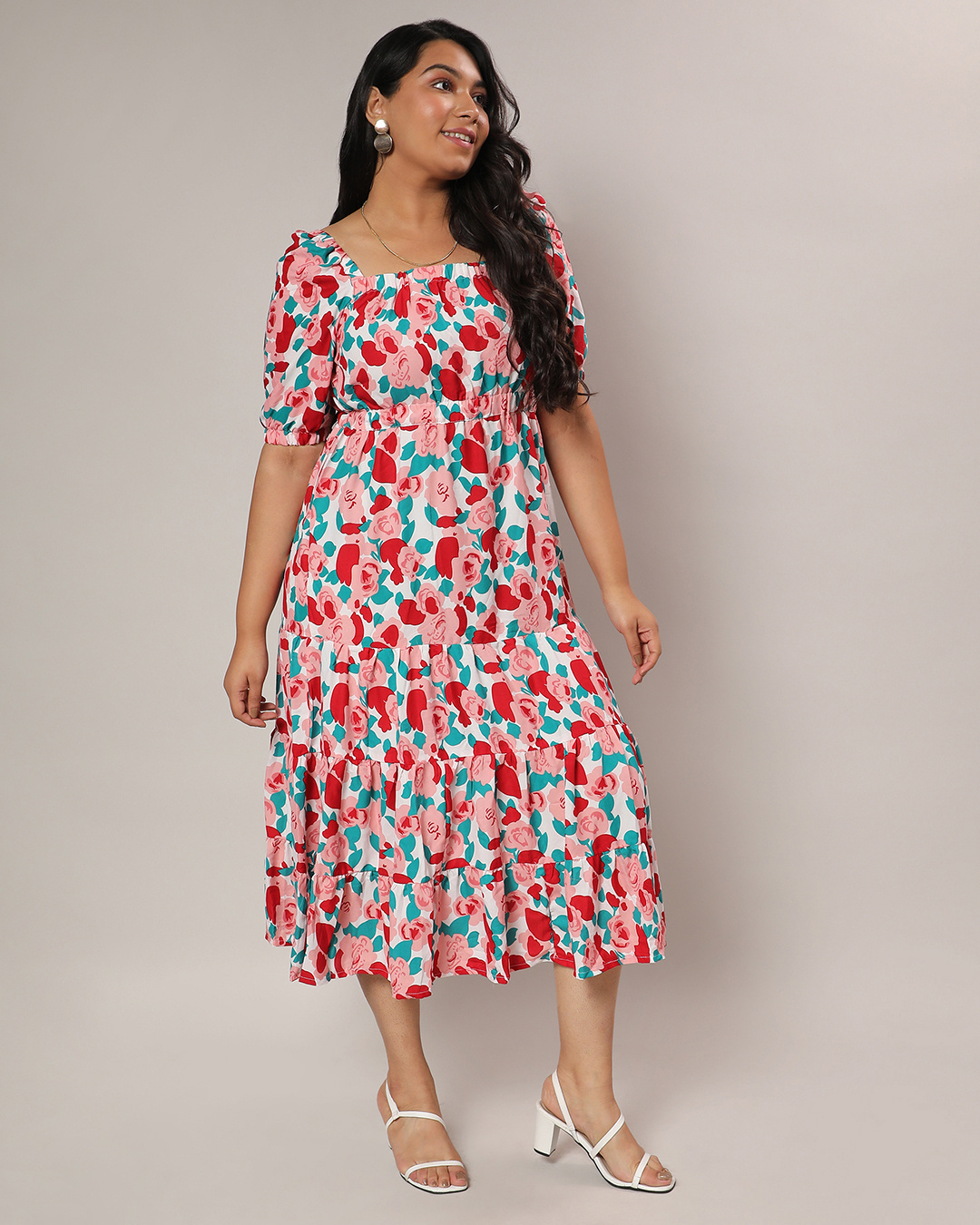 Shop Women's White & Red All Over Floral Printed Oversized Plus Size Dress-Back