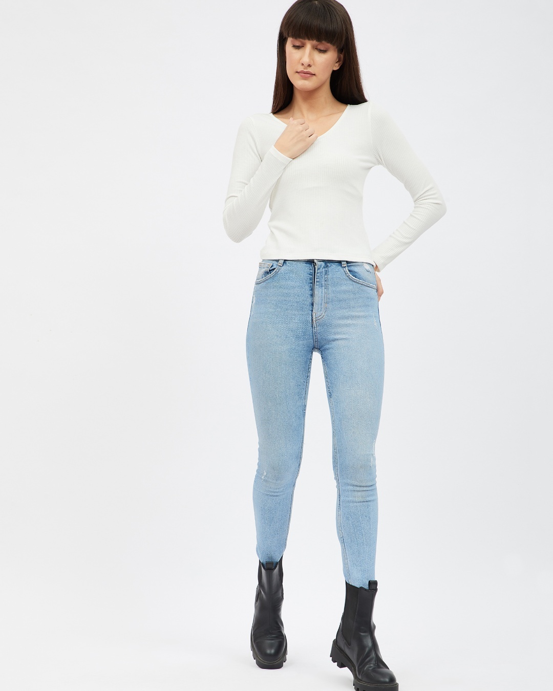 Women Black & White Rib Stripe Full Sleeves Top