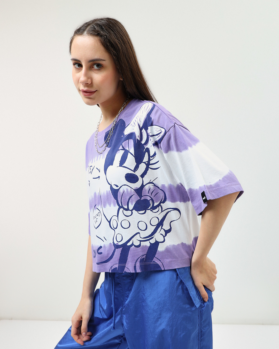 Shop Women's White & Purple Graphic Printed Oversized Short Top-Back