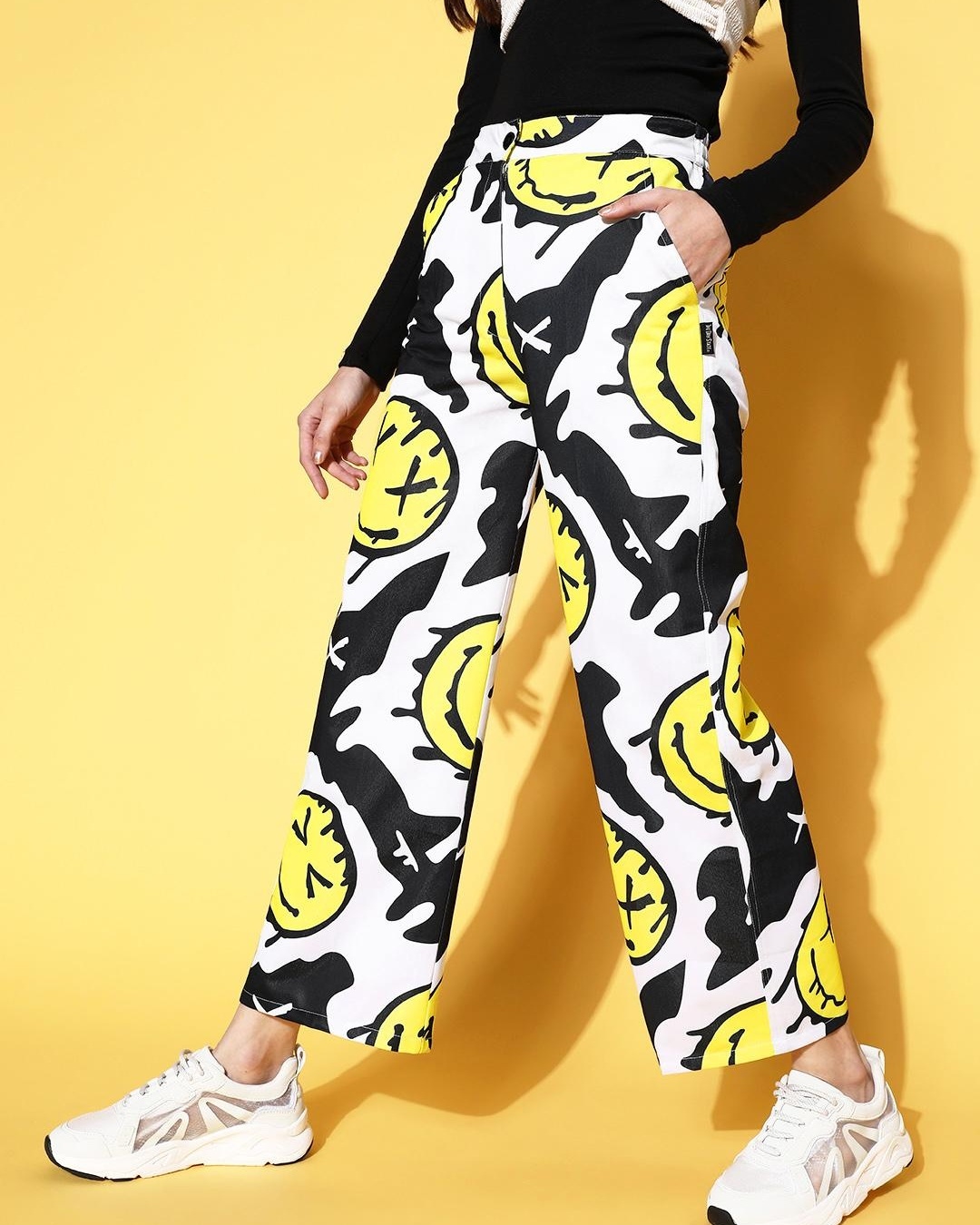 Shop Women's White Smiley Graphic Printed Trousers-Back
