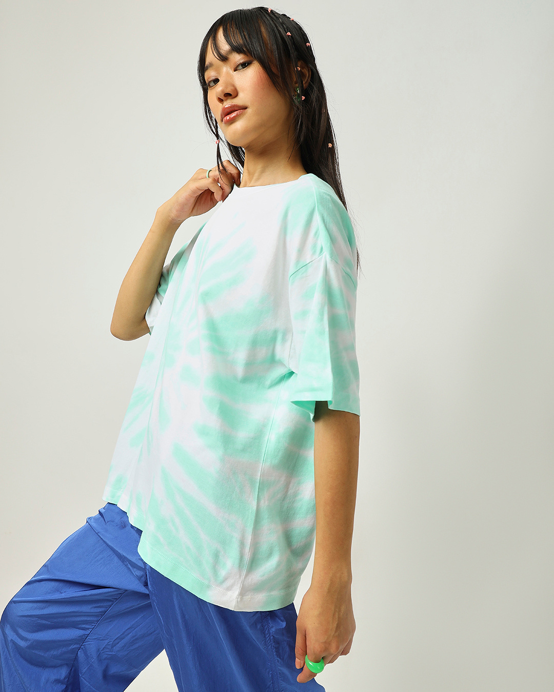 Shop Women's White & Green Tie & Dye Oversized T-shirt-Back