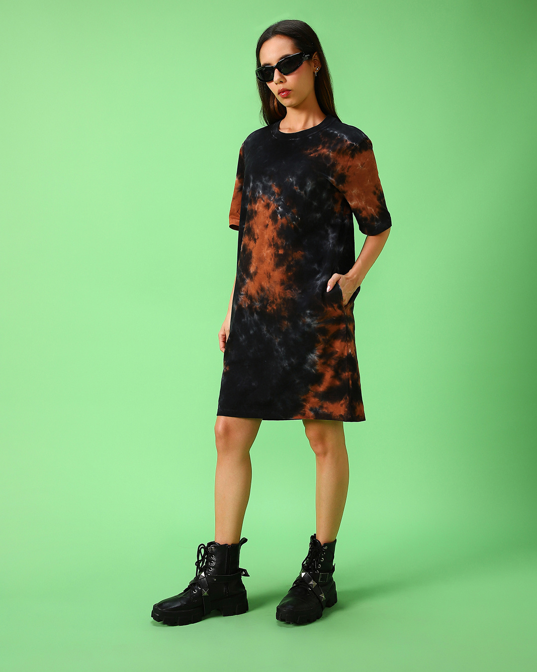 Shop Women's Black & Orange Tie & Dye Oversized Dress-Back