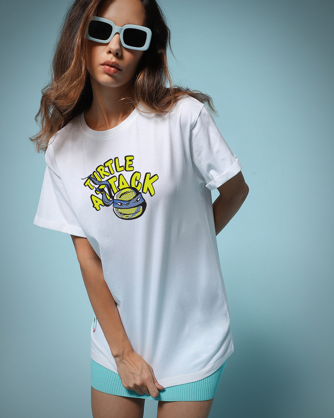 Shop Women's White Turtle Attack Graphic Printed Boyfriend T-shirt-Back