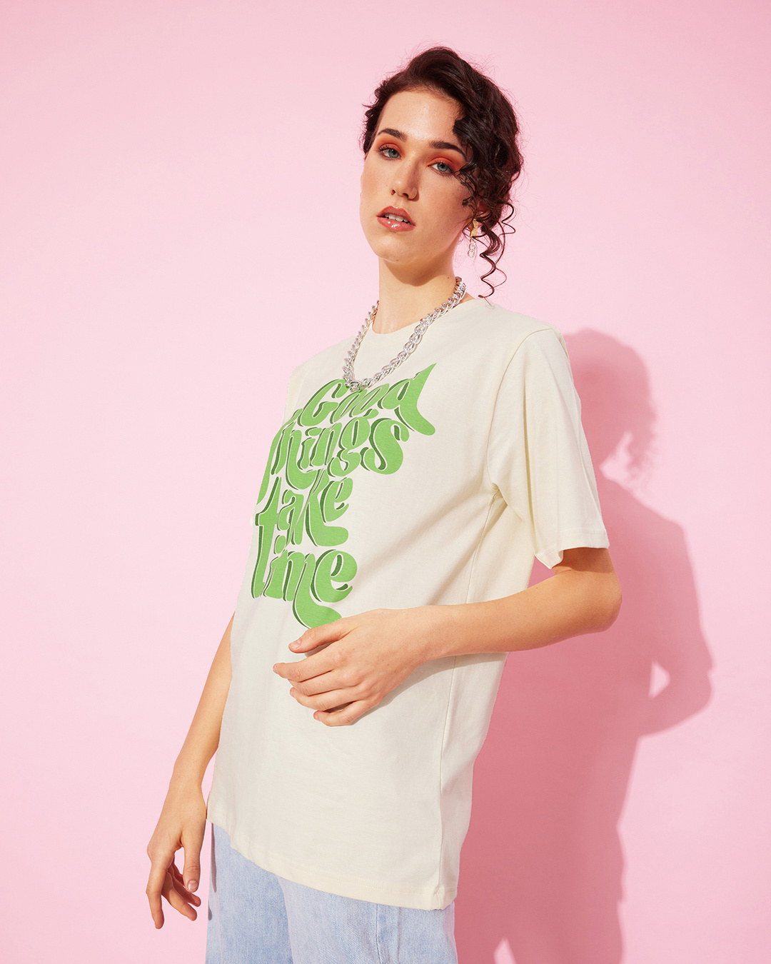 Shop Women's White Typographic Oversized T-shirt-Back
