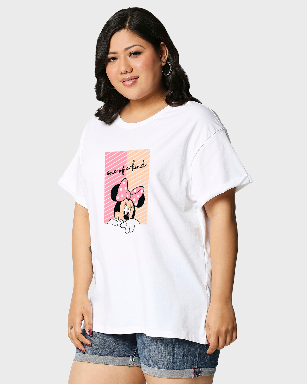 Shop Women's White Unique Minnie Graphic Printed Plus Size Boyfriend T-shirt-Back