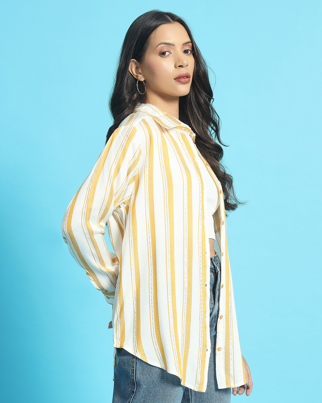 Shop Women's White & Yellow Striped Oversized Shirt-Back