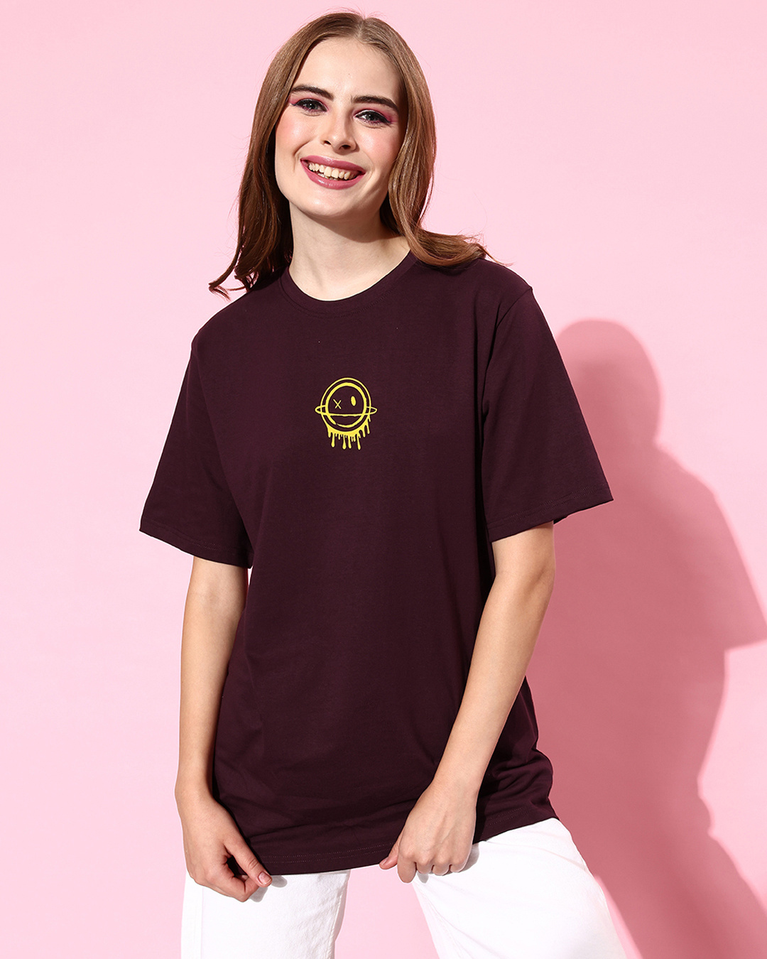 Shop Women's Wine Maroon Graphic Printed Oversized T-shirt-Back
