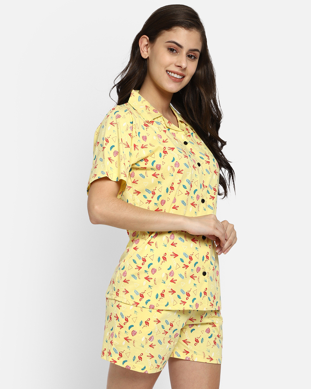 Shop Women's Yellow All Over Flamingo & Leaf Printed Cotton Shirt & Shorts Set-Back