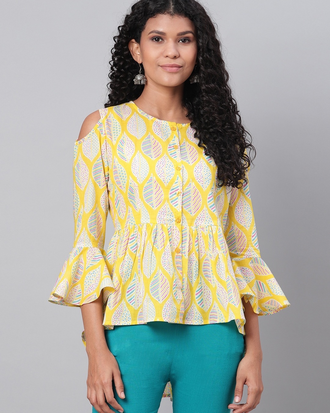 Shop Women's Yellow All Over Leaves Printed Top-Back