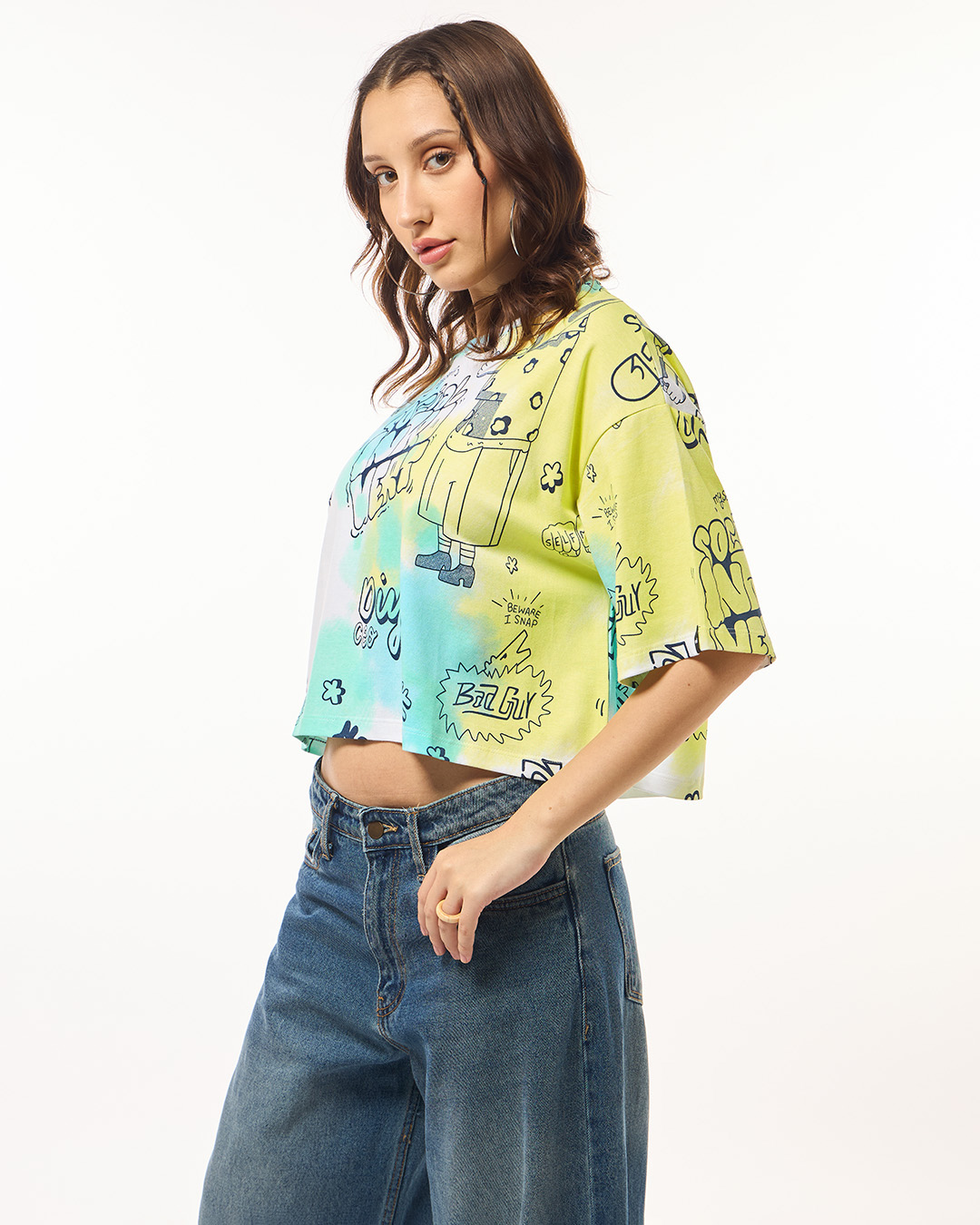 Shop Women's Yellow All Over Printed Oversized Short Top-Back
